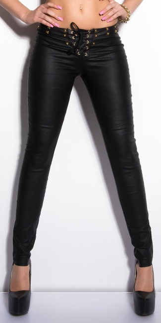 Letherlook-Pants with lacing and studs Black